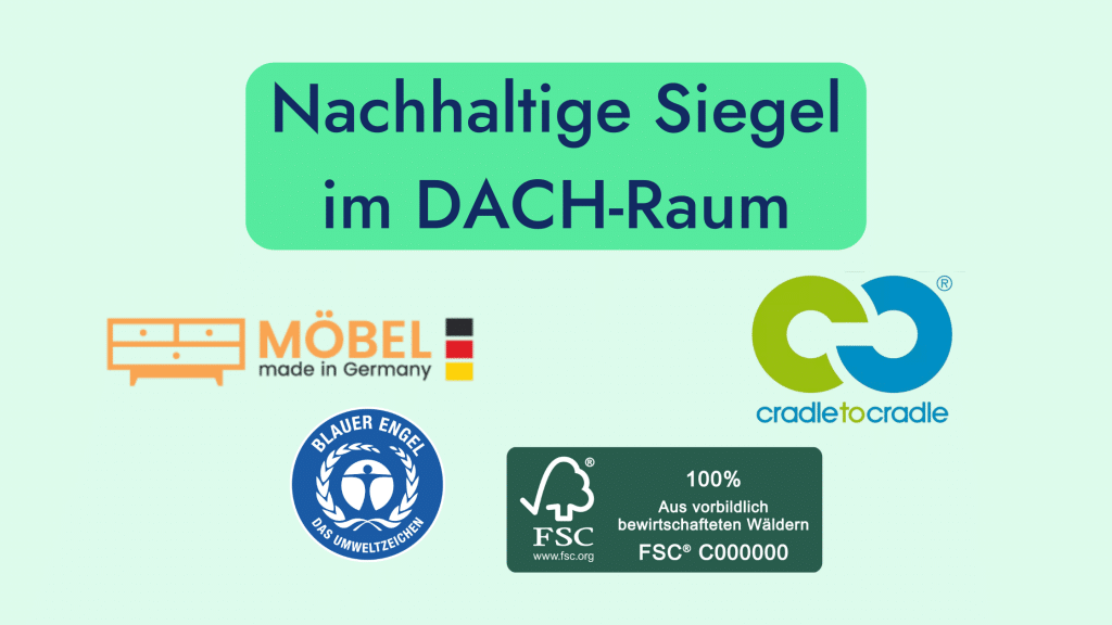Zu den nachhaltigen Siegeln im DACH-Raum gehören Cradle to Cradle, FSC, Blaue Engel und Möbel Made in Germany.