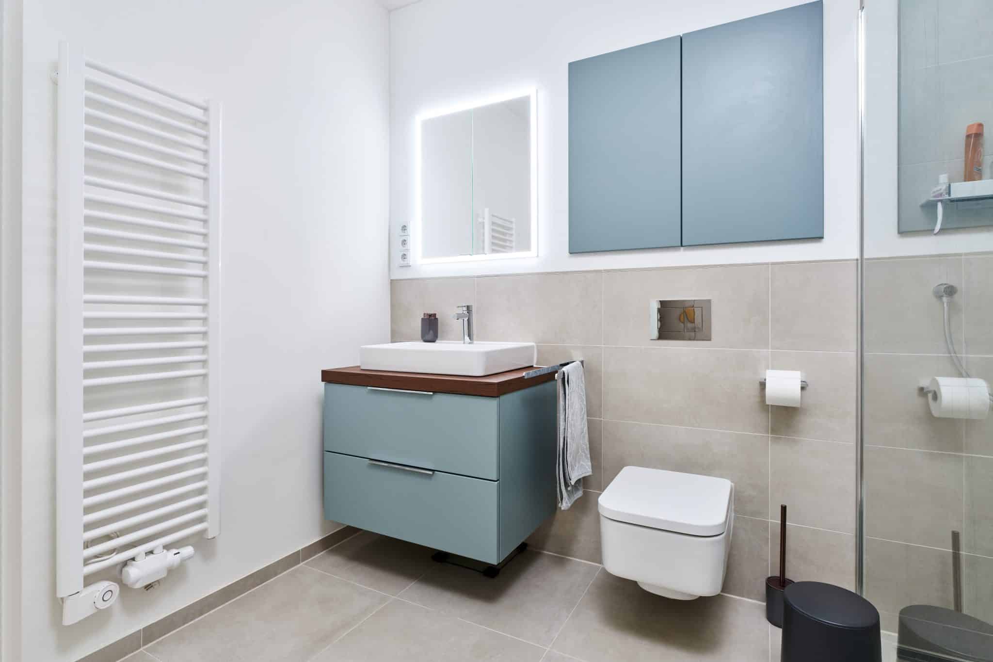 Waschplatz und WC inklusive Spiegelschrank